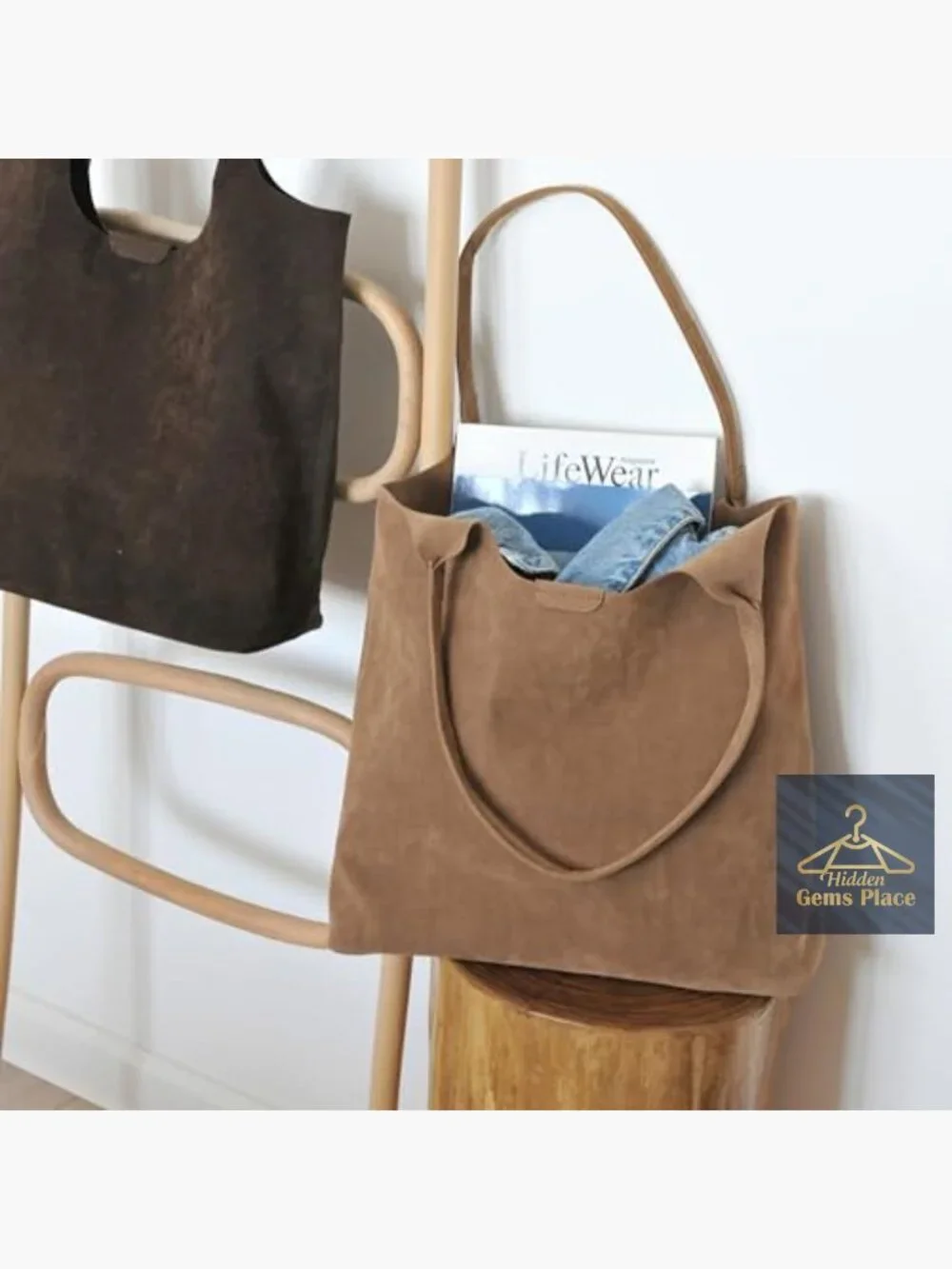 Faux Suede Hobo Tote Bag with Magnetic Closure - Soft Vegan Leather Handbag